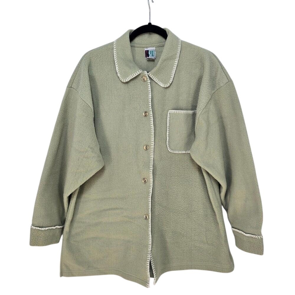 VTG Bold Spirit Sage Green Fleece Button Up Shacket Contrast Stitching Women Lrg